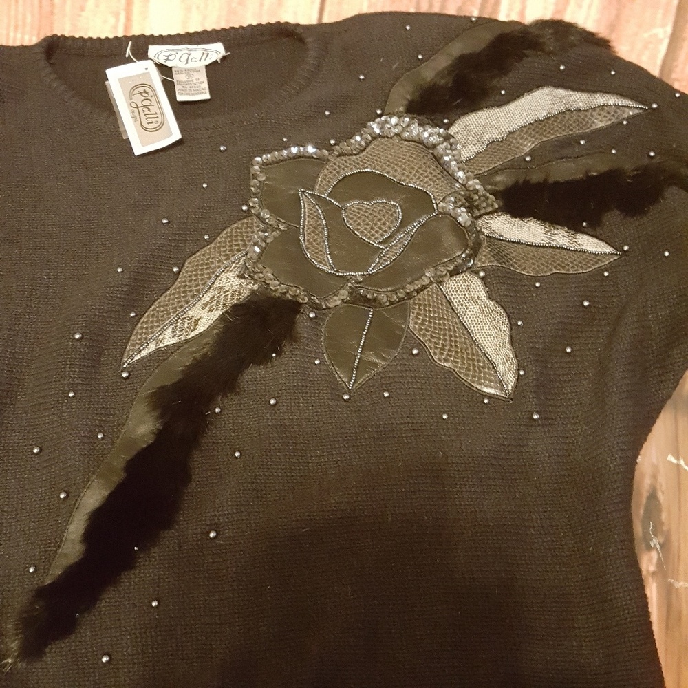 VTG 80s LEATHER & REAL ANGORA TRIM SWEATER/JUMPER - Picture 3 of 6